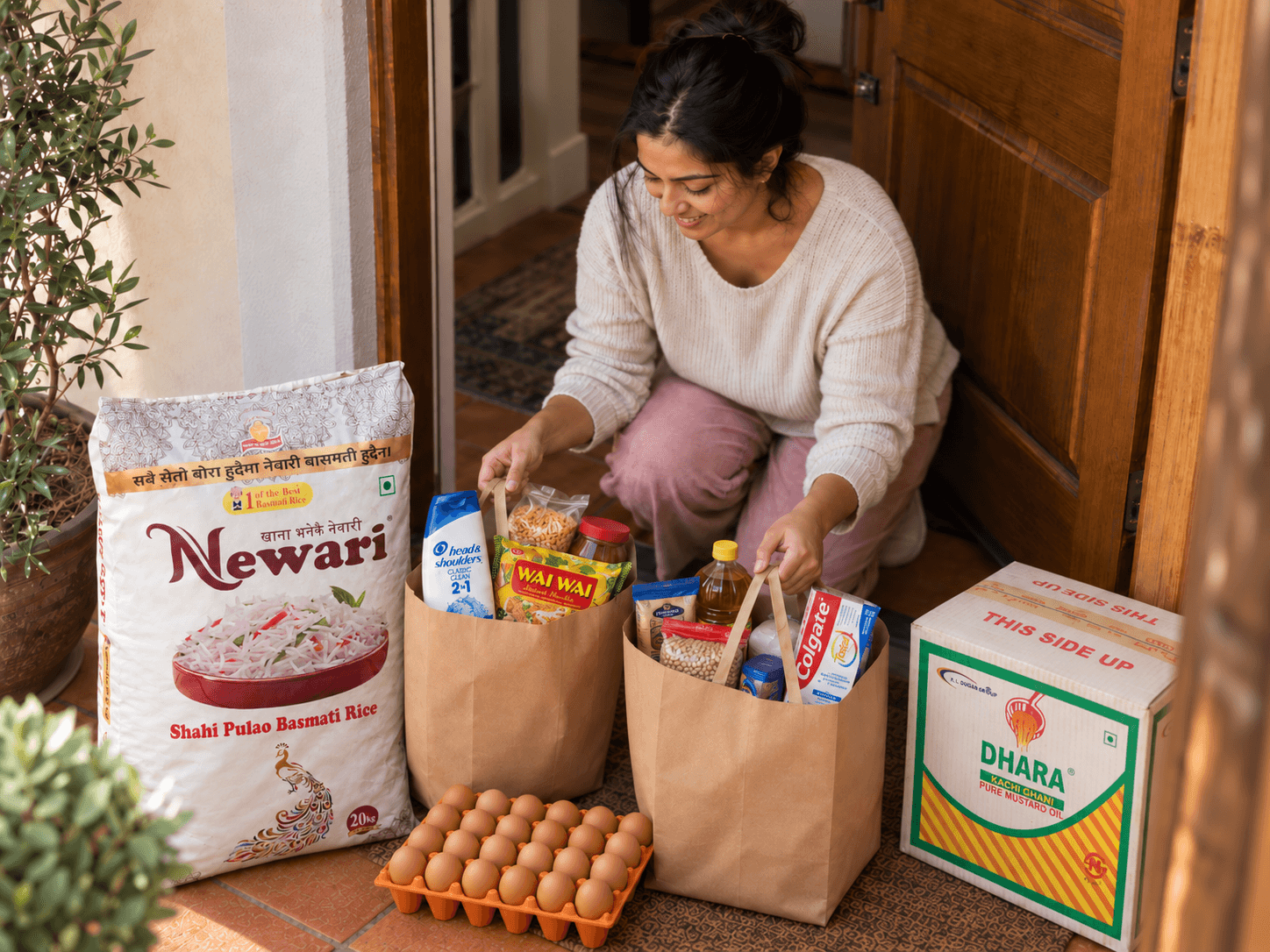 Kathmandu home delivery — Newari rice and grocery bags at the door